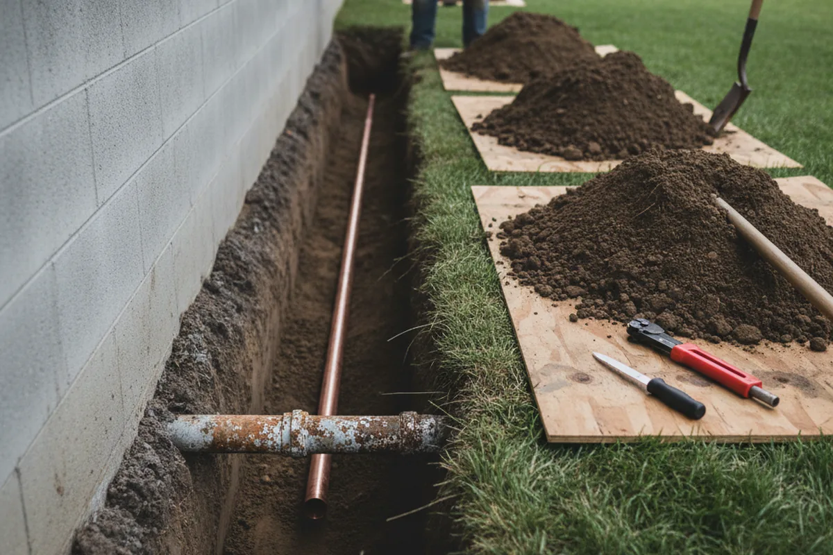 Excavated water line trench during Water Heater Repair in Miranda